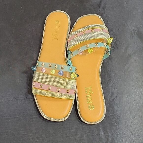 BRAND NEW ROUGE STUDDED RHINESTONES EMBELLISHMENTS SLIDE SANDAL - Picture 5 of 15